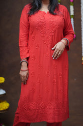 Mehza Rayon Chikankari Kurta Pant Set-Red